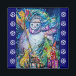 SNOWMAN, TOYS, CHRISTMAS TREE Blue White Snowflake Magnet<br><div class="desc">Whimsikale,  farbenfrohe und coole Winter Nacht Illustration,  Aquarellmalerei in lebendigblau weiß,  pink,  farbig.</div>