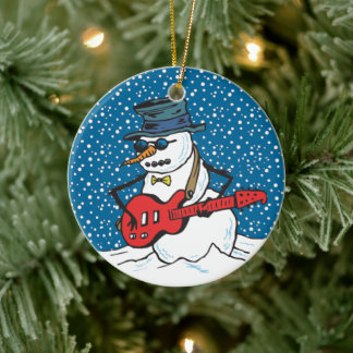 Snowman trägt Sonnenbrille und Hut spielt Gitarre Keramik Ornament