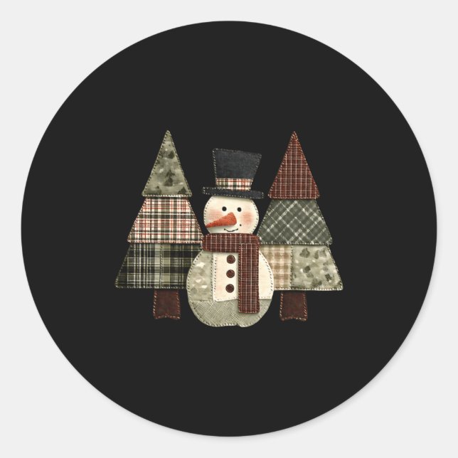 Snowman Trees Patchwork Plaid Trees Rustic Christm Runder Aufkleber (Vorderseite)