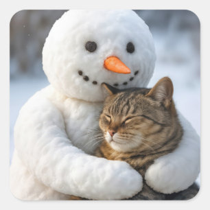 Snowman umarmt eine Tabby-Katze Quadratischer Aufkleber