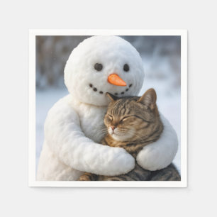 Snowman umarmt eine Tabby-Katze Serviette