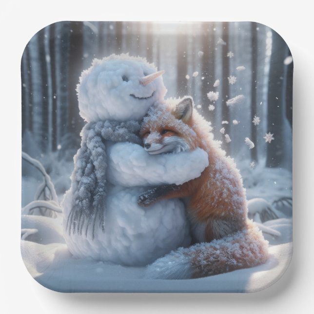 Snowman umarmt einen Fuchs Pappteller (Vorderseite)