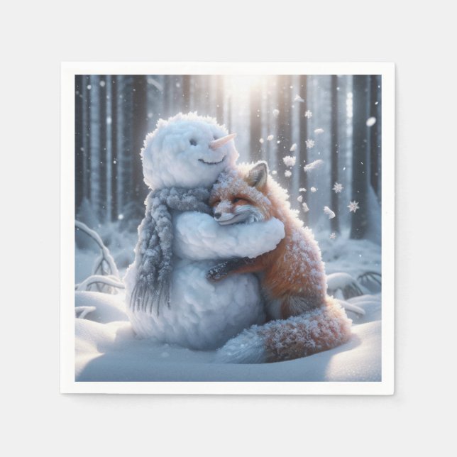 Snowman umarmt einen Fuchs Serviette (Vorderseite)
