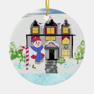 Snowman und Cosy House Keramik Ornament