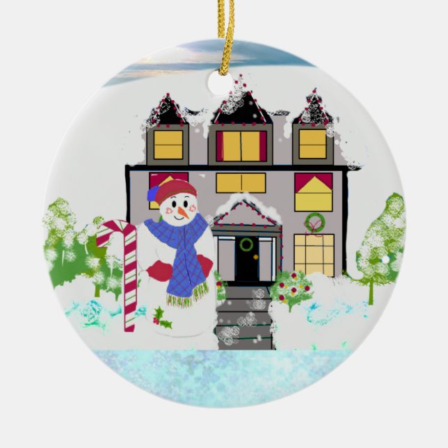 Snowman und Cosy House Keramik Ornament (Vorne)