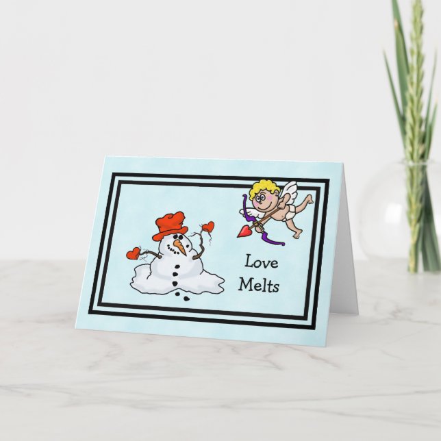 Snowman und Cupid Valentine's Day Card Karte (Vorderseite)