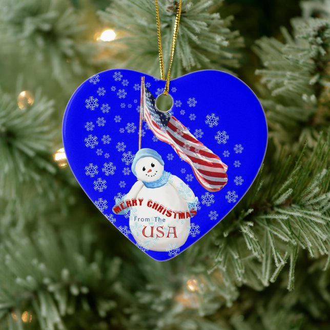 Snowman und die amerikanische Fahne Weihnachtsschm Keramik Ornament (Baum)