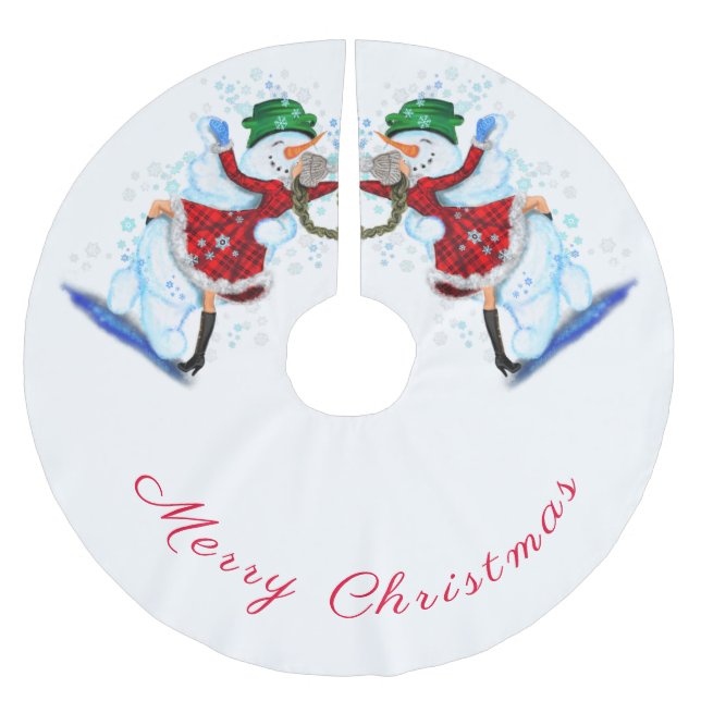 Snowman und Girl Dancers Weihnachtsbaumrock Polyester Weihnachtsbaumdecke (Vorderseite)