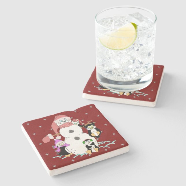 Snowman und Penguin Steinuntersetzer (Seitenansicht)