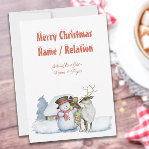 Snowman und Reindeer Snowy Typografy Personalisier Feiertagskarte
