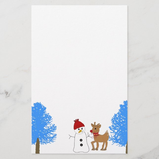 Snowman und Rentier mit Frostischen Bäumen Briefpapier (Vorderseite)