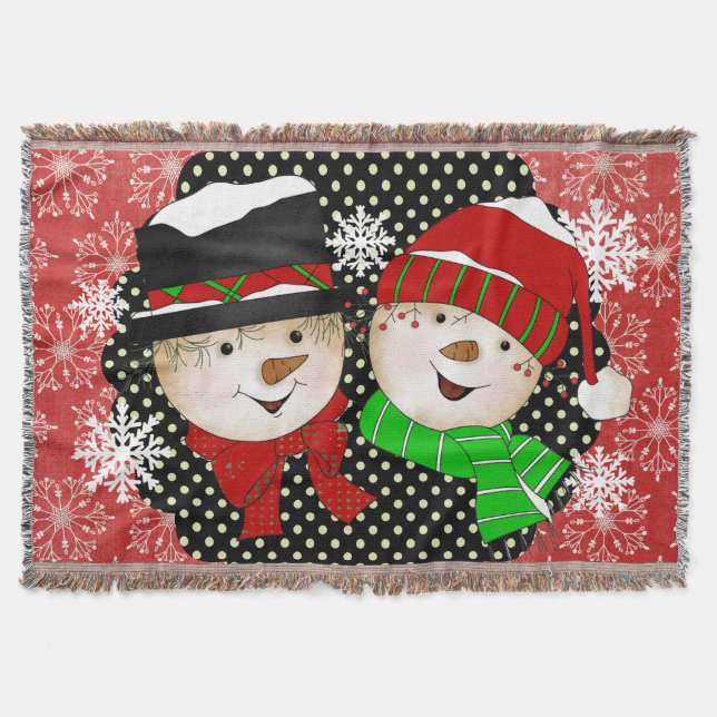 Snowman und Snow Lady Snowflakes Holiday Throw Decke (Vorderseite)