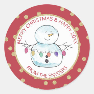Snowman und String Lights Runder Aufkleber