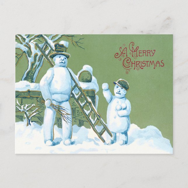 Snowman Vater und Son Snow Ladder Snowball Postkarte (Vorderseite)