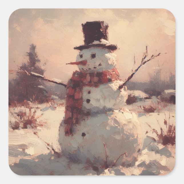 Snowman Vintag Painting Quadratischer Aufkleber (Vorderseite)