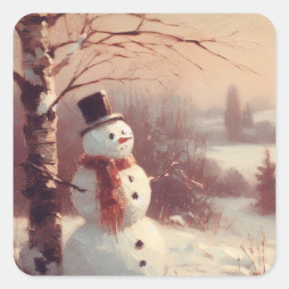 Snowman Vintag Painting Quadratischer Aufkleber