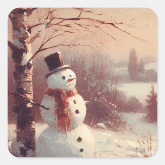 Snowman Vintag Painting Quadratischer Aufkleber (Vorderseite)