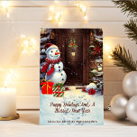Snowman Vintage Christmas Scene Card Karte<br><div class="desc">Dies in einer bezaubernden Weihnachtsgrußkarte, um an Ihre Kunden, Lieferanten oder Kunden zu senden. Die Karte zeigt eine Szene von einem niedlichen Schneemann mit Geschenken an der Haustür in einem Vintagen Aquarellbild. Der gesamte Text auf der Karte ist anpassbar. Wenn Sie auf der Kartenrückseite keinen Text gewollt haben, müssen Sie...</div>