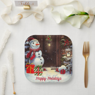 Snowman Vintage Christmas Scene Pappteller