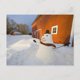 Snowman vor der roten Scheune in Columbia Falls Postkarte