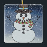 Snowman w/BG - Keramik Keramikornament<br><div class="desc">Schneemann,  der so aussieht,  als wäre es Häkelchen mit schneebedecktem Hintergrund.</div>