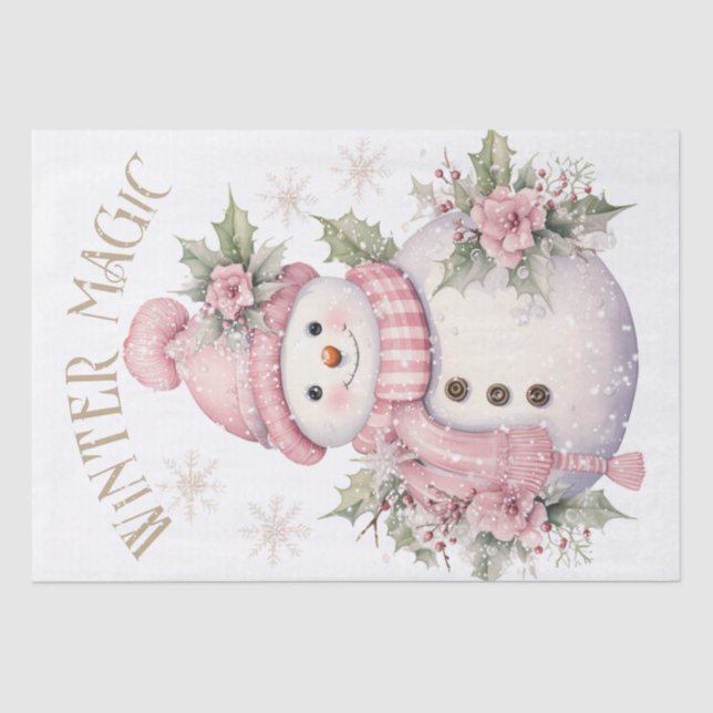 Snowman Watercolor Pink Winter Weihnachten Seidenpapier (Vorderseite)