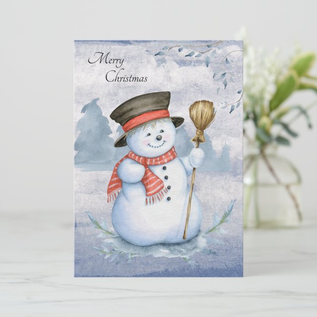 Snowman Watercolor Script Modern Frohe Weihnachten (Stehend Vorderseite)