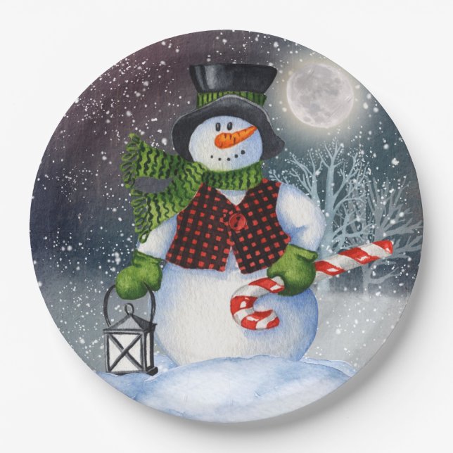 Snowman Watercolor Winter Weihnachten Pappteller (Vorderseite)