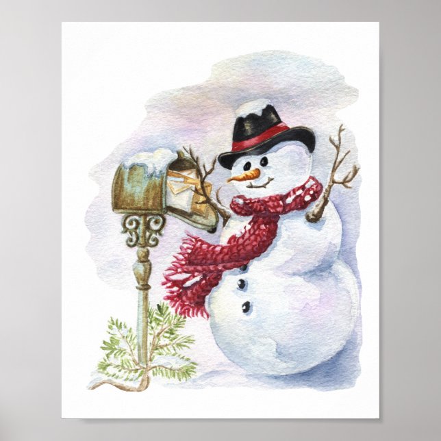 Snowman Watercolor Winter Weihnachtsdekoution Poster (Vorne)