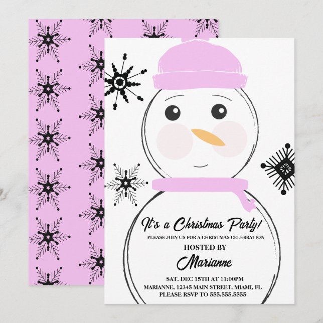 Snowman Weihnachts-Party Pink Scarf Hat Einladung (Vorne/Hinten)