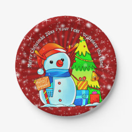 Snowman Weihnachtsbaum präsentiert Jahr Text Rot 7 Pappteller