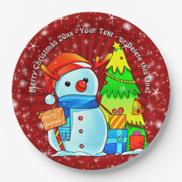 Snowman Weihnachtsbaum präsentiert Jahr Text Rot 9 Pappteller