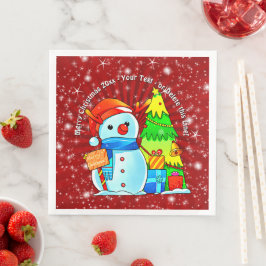 Snowman Weihnachtsbaum präsentiert Jahr Text rot Serviette