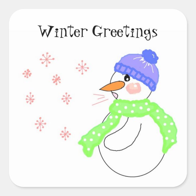 Snowman Winter Greetings Quadratischer Aufkleber (Vorderseite)