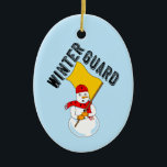 Snowman Winter Guard Metal Ornament<br><div class="desc">Wintergartentext mit einem Schneemann,  der eine Flagge trägt und einen Schal mit Fahnen trägt,  ist ein humorvolles Wachtdesign für Farb- und Winterwacher an Geburtstagen und Feiertagen</div>