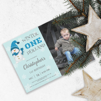 Snowman Winter Onedeland Holiday Birthday Foto Einladung