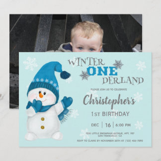Snowman Winter Onederland Erster Geburtstag Foto Einladung