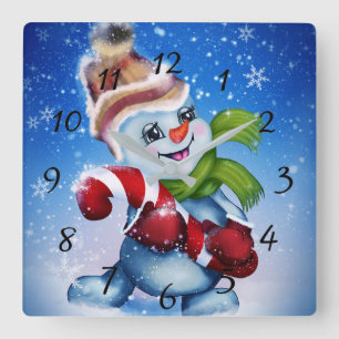 Snowman with a scarf quadratische wanduhr