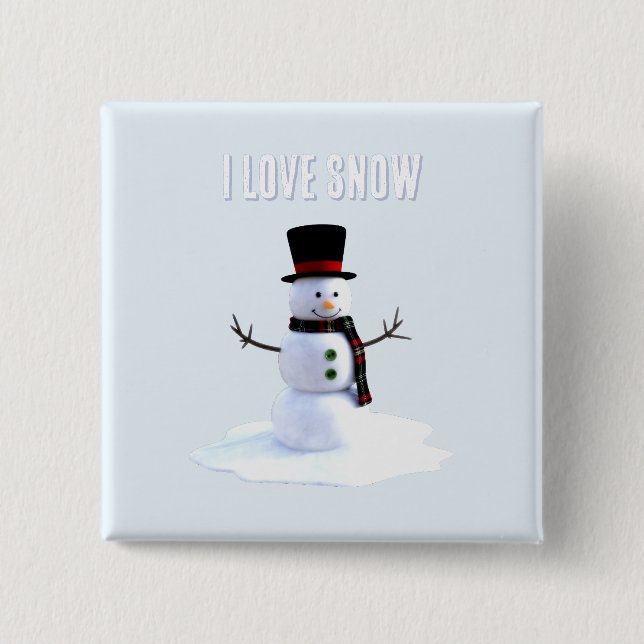 Snowman with hat and scarf. I Love Snow Button (Vorderseite)