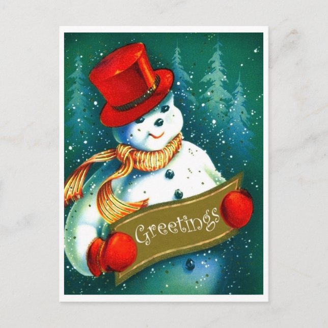 Snowman with red huder hat, holiday greetings postkarte (Vorderseite)