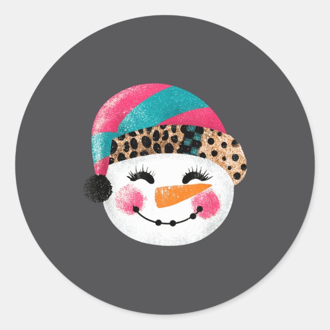 Snowman With Santa Hat And Leopard Pattern  Runder Aufkleber (Vorderseite)