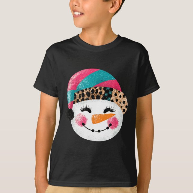 Snowman With Santa Hat And Leopard Pattern  T-Shirt (Vorderseite)