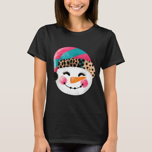 Snowman With Santa Hat And Leopard Pattern  T-Shirt (Vorderseite)