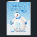 Snowman Wonderland für die Weihnachtskarte des Vat<br><div class="desc">Niedlicher kleiner Schneemann mit blauer Winterhut und Fäustern als zarte Schneeflocken fallen durch den blauen Himmel ist ein wunderbares Weihnachtsdesign für Grüße an Ihren besonderen Vater. Sie können auch genießen, passende Briefmarke und Geschenke in meinem Geschäft zur Verfügung. Originelle Kunst und Design von Anura Design Studio.</div>