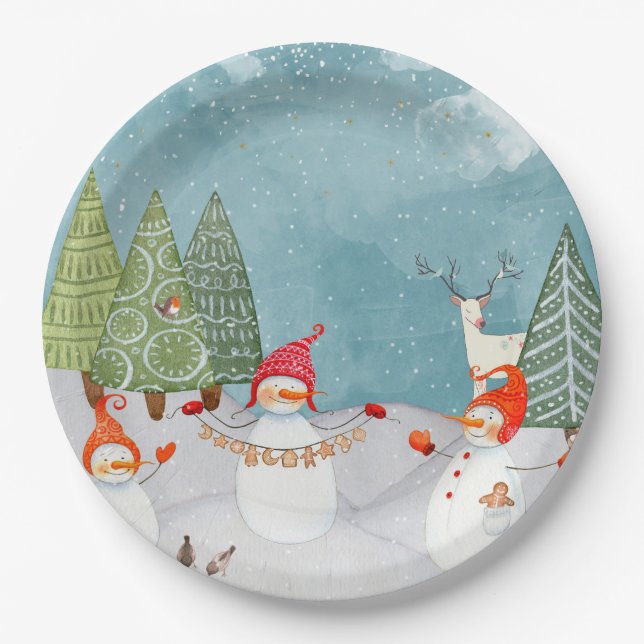 SNOWMAN & WOODLAND FREUNDE IN WINTERWONDERLAND PAPPTELLER (Vorderseite)