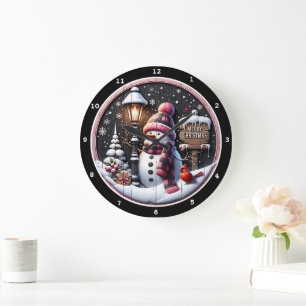Snowman's Cosy Night" - Festliche schwarze Weihnac Große Wanduhr
