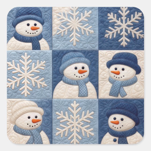 Snowmen and Snowflakes Quilt Pattern Quadratischer Aufkleber (Vorderseite)