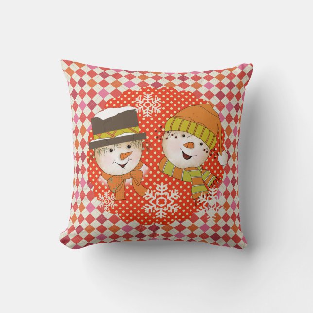 Snowmen Couple Dots und Raute Holiday Pillow Kissen (Vorderseite)