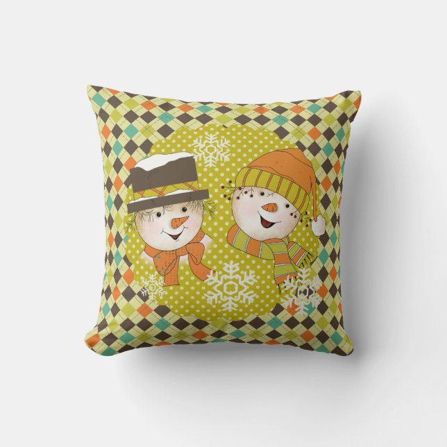 Snowmen Couple Dots und Raute Holiday Pillow Kissen (Vorderseite)