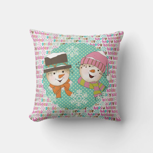 Snowmen Couple Dots und Typografie Holiday Pillow Kissen (Vorderseite)